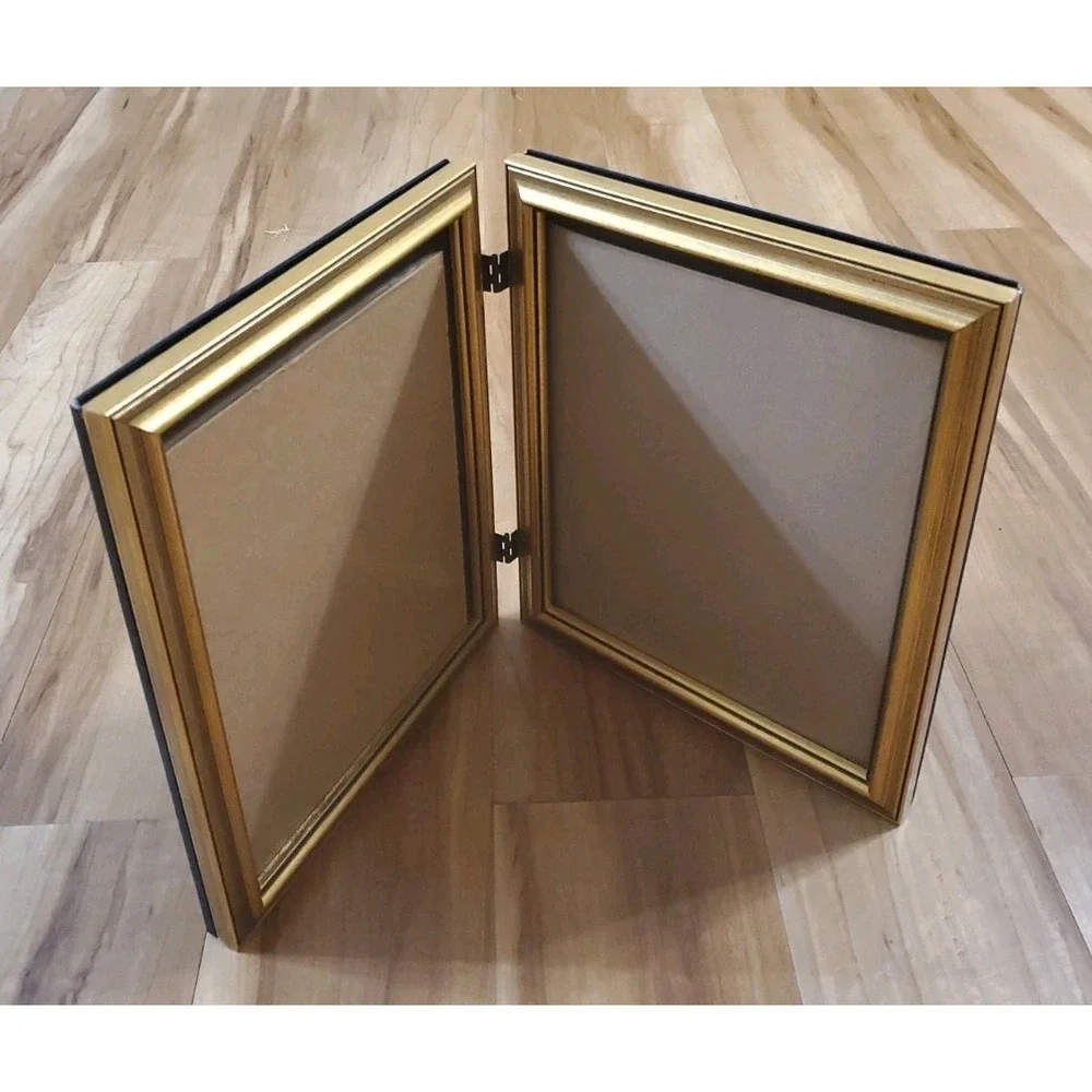 Vtg Gold Tone Metal BiFold Double Picture Frame 11x9 Vertical Portrait Hinged